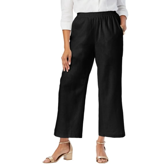 Jessica London Women's Plus Size Wide Leg Linen Crop Pants Elastic Waist