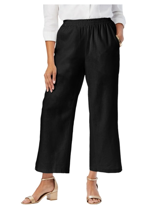 Women's Plus Size Wide Leg Linen Crop Pants Elastic Waist