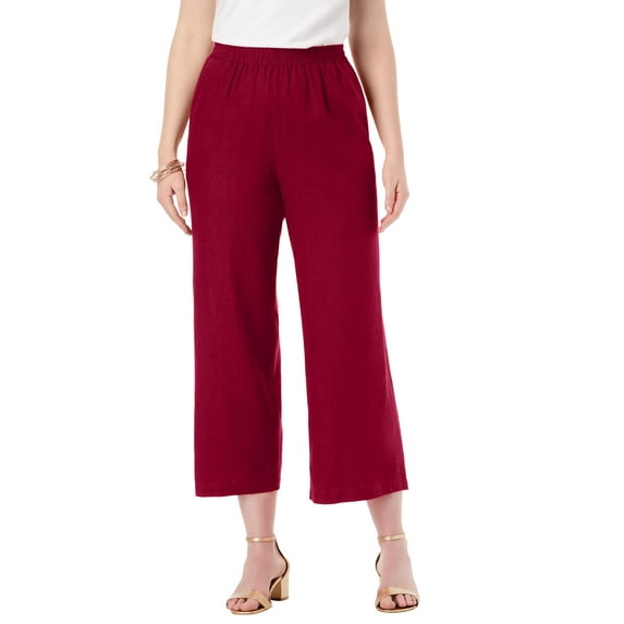 Jessica London Women's Plus Size Wide Leg Linen Crop Pants Elastic Waist
