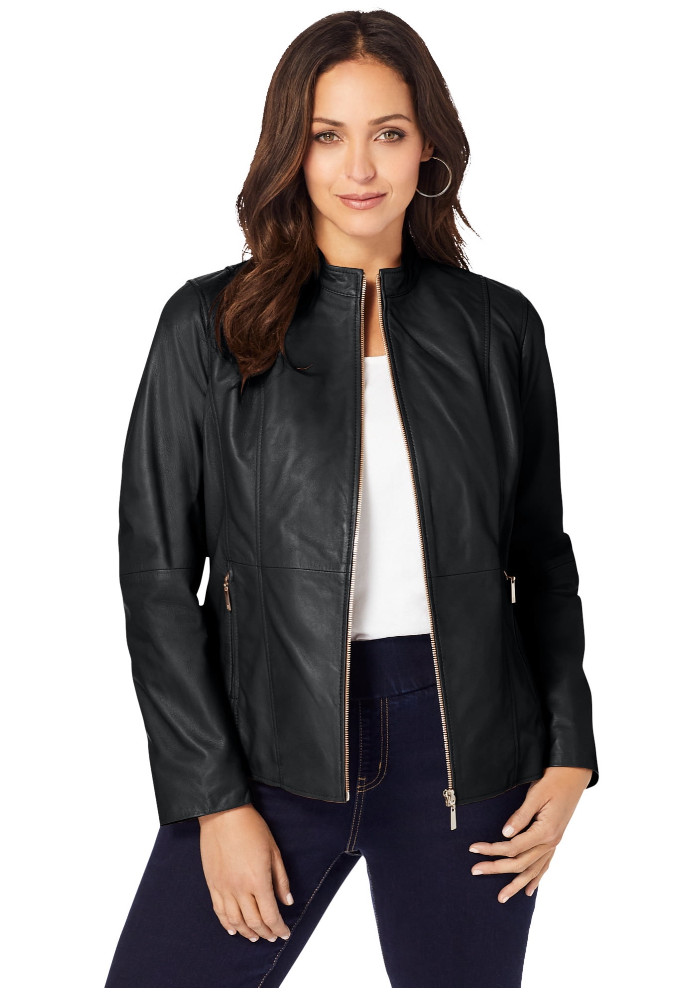 Jessica London Women's Plus Size Zip Front Leather Jacket Leather ...