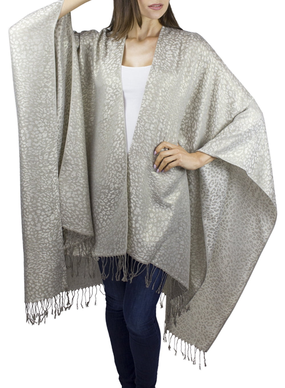 Jessica McClintock Women's Gold Metallic Leopard Jacquard Wrap with Fringe