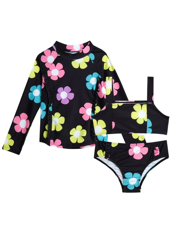 Toddler Girls’ Bikini and Rash Guard Swim Set with UV Protection, 3-Piece, Sizes 2T-4T