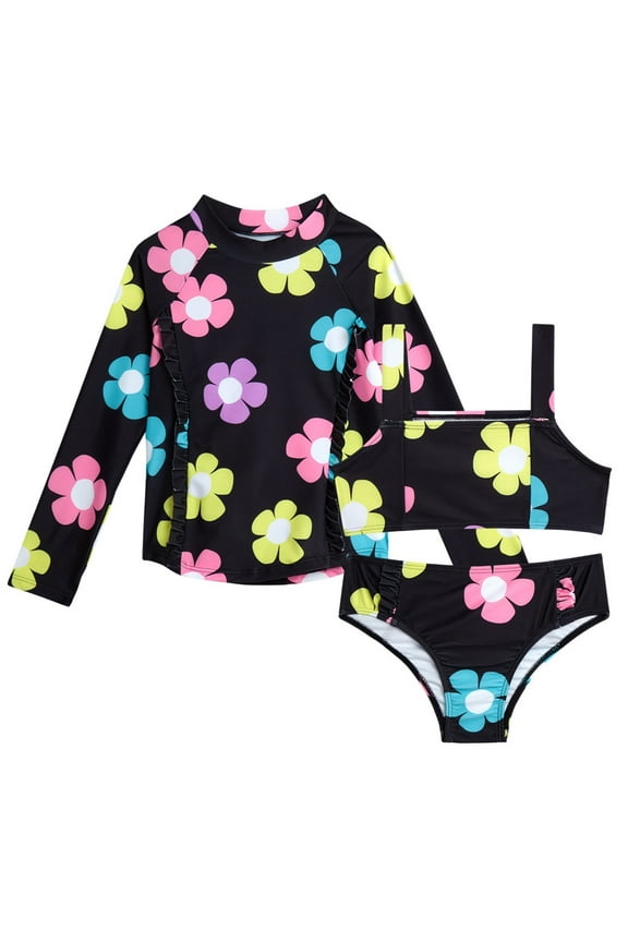 Toddler Girls’ Bikini and Rash Guard Swim Set with UV Protection, 3-Piece, Sizes 2T-4T