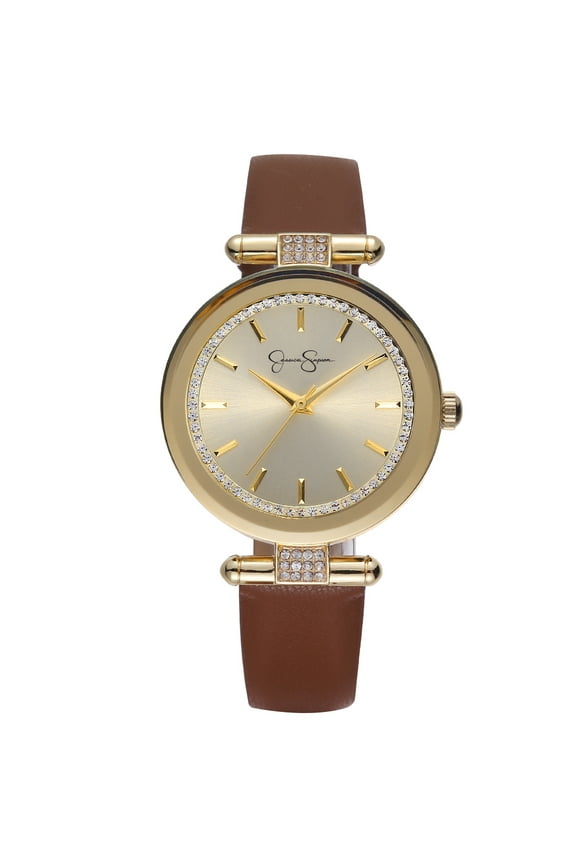 36mm Gold Tone Crystal Accent Mettalized Bezel Brown Strap Ladies Watch