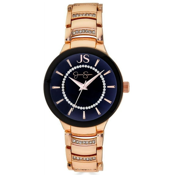 Jessica Simpson 36mm Rose Gold Tone Mettalized Edge To Edge Glass Bezel Crystal Accent Bracelet Watch