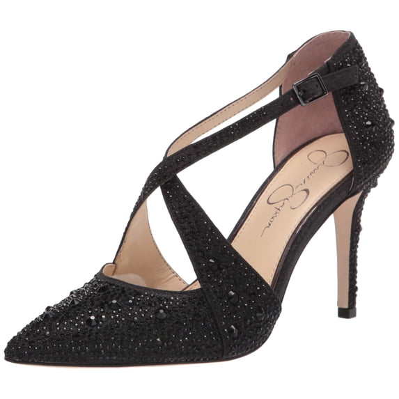 Jessica Simpson Accile Black Rhinestone Stiletto Pointed Toe Ankle Strap Pumps (Black, 7)