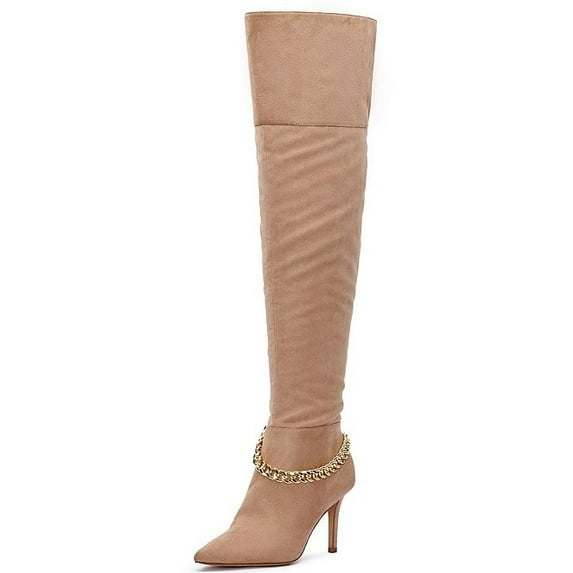 Jessica Simpson Ammira Chain Detail Over Knee Stiletto Heel Boots Taupe Suede (CHEYENNE, 6)