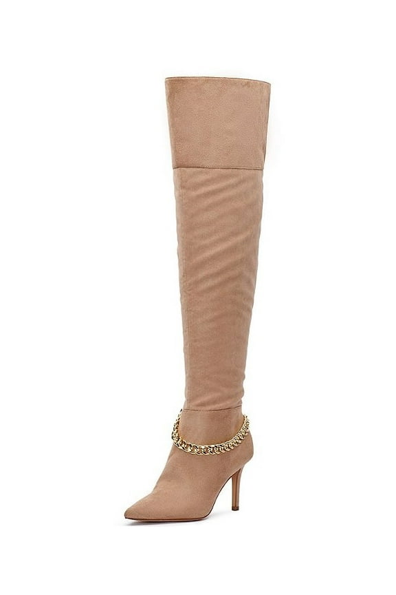 Ammira Chain Detail Over Knee Stiletto Heel Boots Taupe Suede (CHEYENNE, 6)