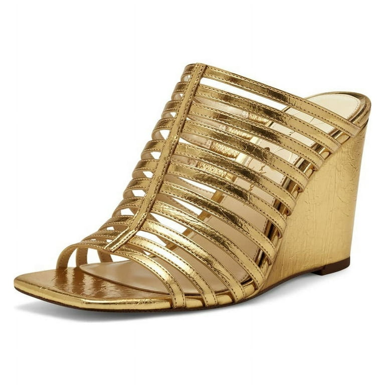 Jessica Simpson Arriya Gold Open Toe Strappy Silhouette Slip On Wedge  Sandals (Gold, 6) 