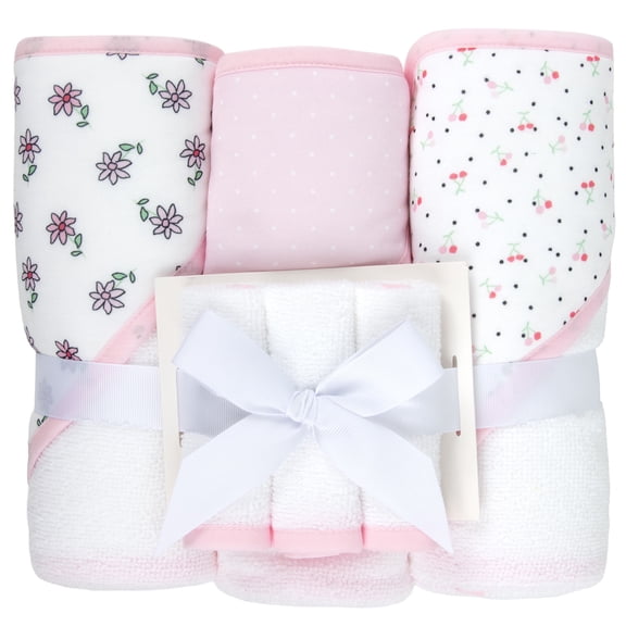 Jessica Simpson Baby 6-Piece Hooded Towel & Washcloth Set – Soft Polyester Bath Towels – Pink Stars & Hearts Design