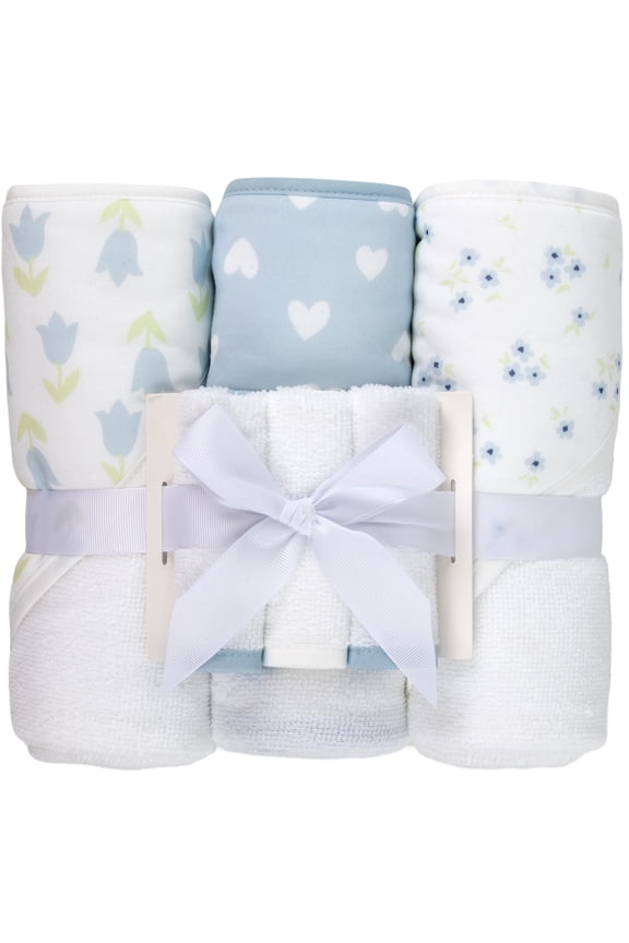 Baby 6-Piece Hooded Towel & Washcloth Set – Soft Polyester Hooded Towels + Matching Washcloths – Blue & Neutral Floral Design