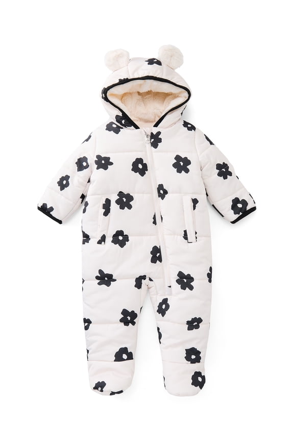 Baby Girls Floral Snowsuit with Teddy Bear Ears, Sizes 0M-12M