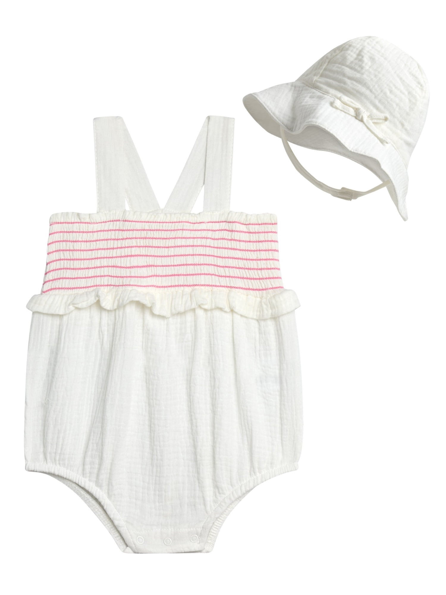 Jessica Simpson Baby Girls' Smocked Cotton Romper with Sun Hat Set, 2-Piece, Sizes 0M-24M