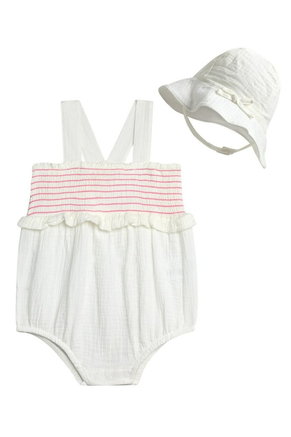 Baby Girls' Smocked Cotton Romper with Sun Hat Set, 2-Piece, Sizes 0M-24M