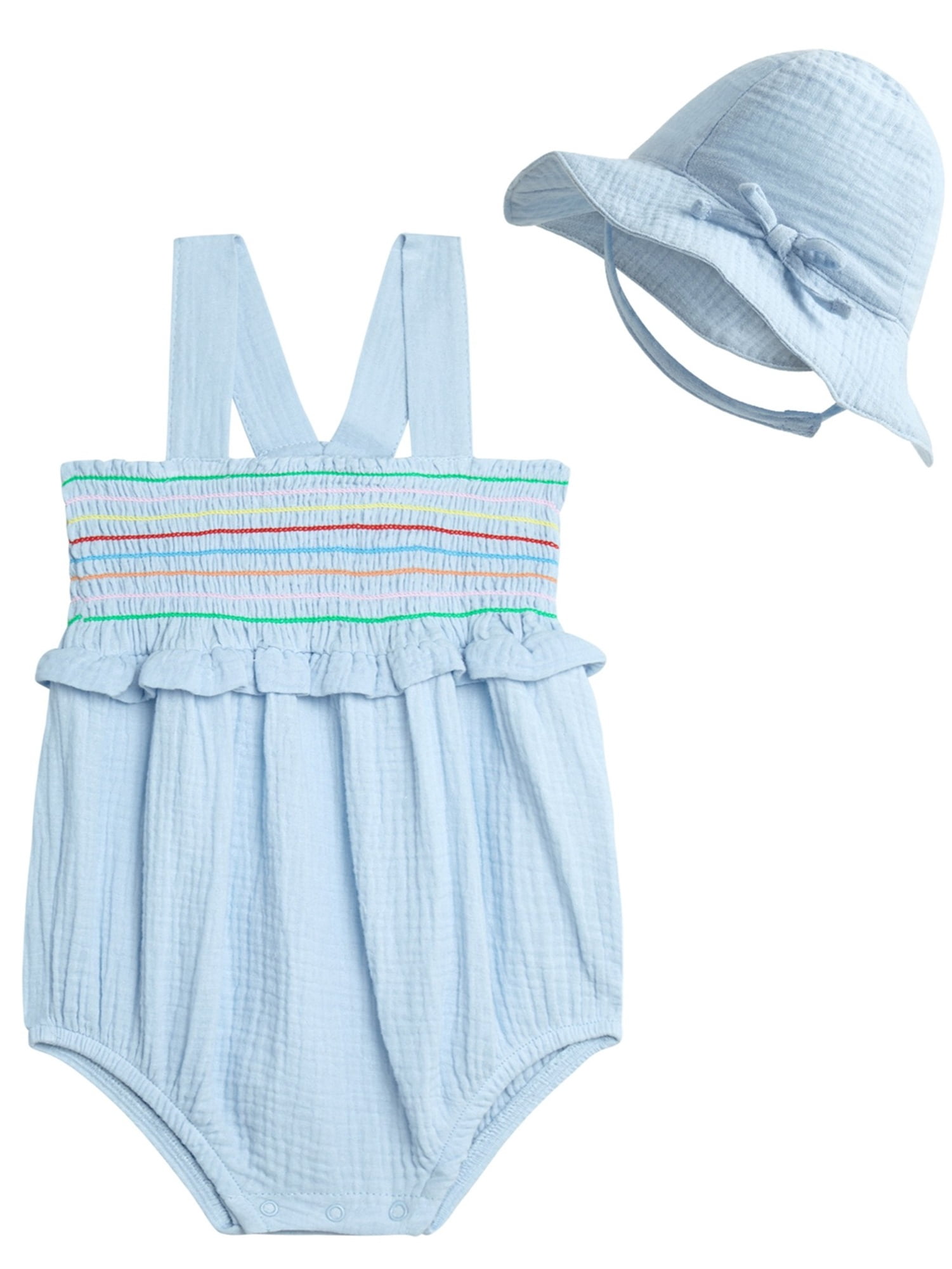 Jessica Simpson Baby Girls' Smocked Cotton Romper with Sun Hat Set
