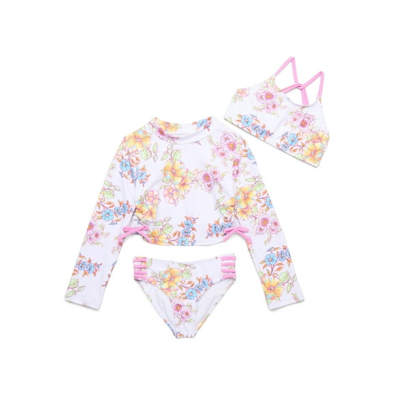 Jessica Simpson Toddler Girl Bikini Swimsuit and Rash Guard 3- Piece Set, Size 12M-5T