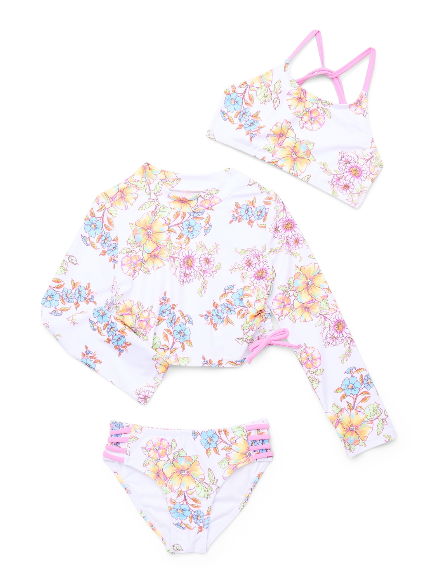 Jessica Simpson Toddler Girl Bikini Swimsuit and Rash Guard 3- Piece Set, Size 12M-5T