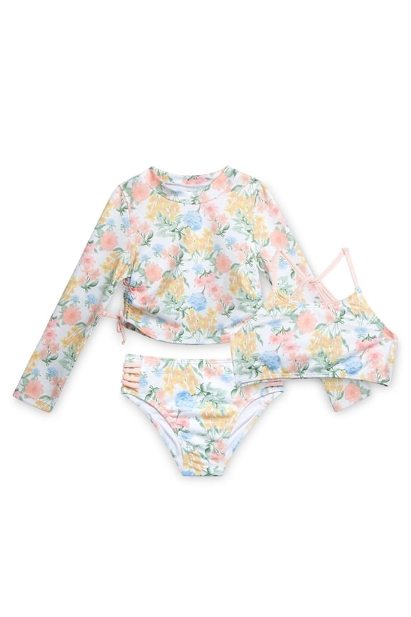 Baby and Toddler Girls Three-piece Swimsuit Set includes Shoulder Strap Bikini Top, Long Sleeve Rashguard Top and Swim Bottoms, Size 12M - 5T