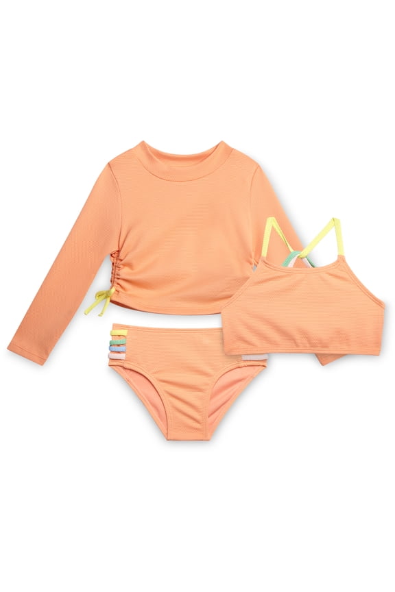 Baby and Toddler Girls Three-piece Swimsuit Set includes Shoulder Strap Bikini Top, Long Sleeve Rashguard Top and Swim Bottoms, Size 12M - 5T