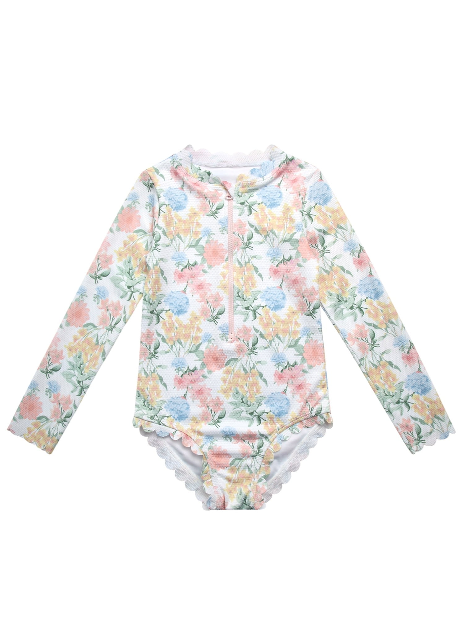 Jessica Simpson Baby and Toddler Girls' Long Sleeve Rashguard Swimsuit with Scallop edge, Size 12M - 5T