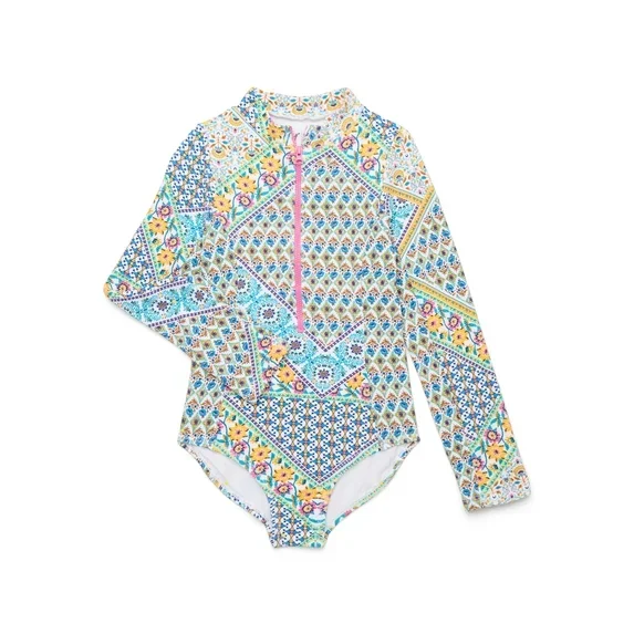 Jessica Simpson Toddler Girl Long- Sleeve One-Piece Zip Swimsuit with, Size 12M-5T
