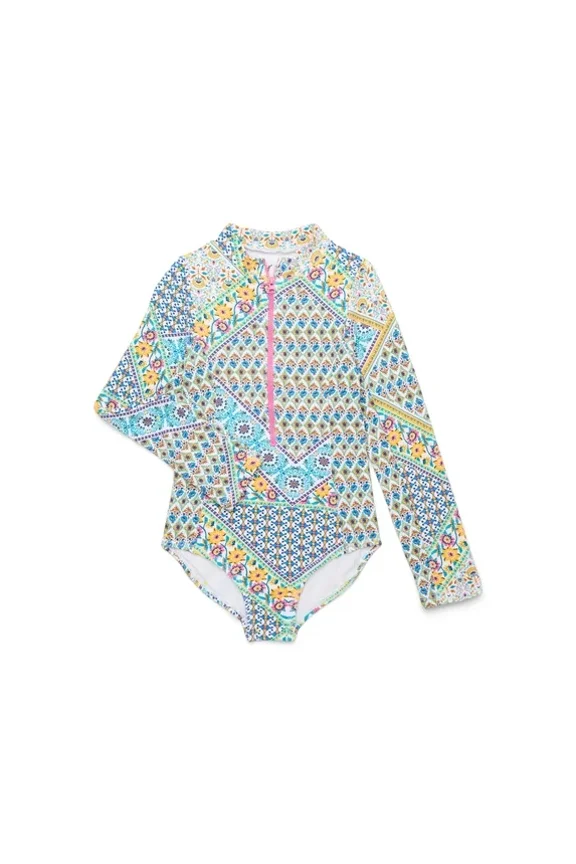 Toddler Girl Long- Sleeve One-Piece Zip Swimsuit with, Size 12M-5T