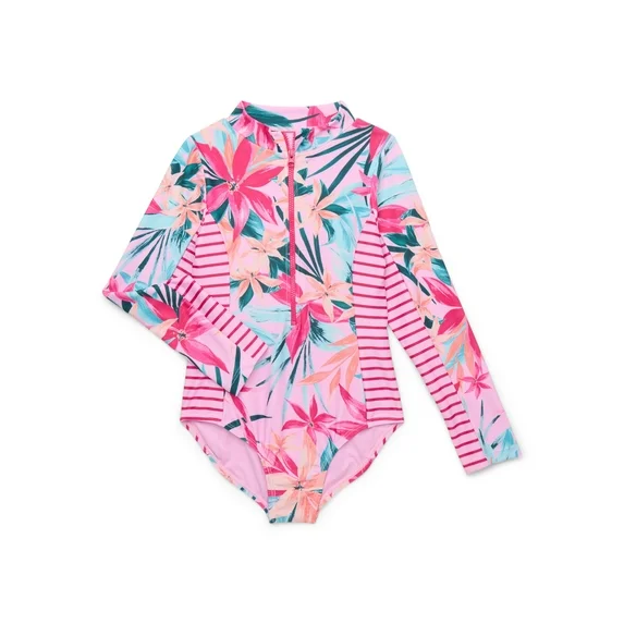 Jessica Simpson Toddler Girl Long- Sleeve One-Piece Zip Swimsuit with, Size 12M-5T