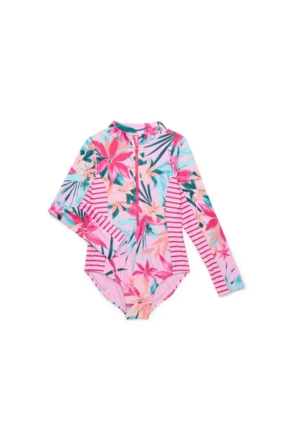 Toddler Girl Long- Sleeve One-Piece Zip Swimsuit with, Size 12M-5T