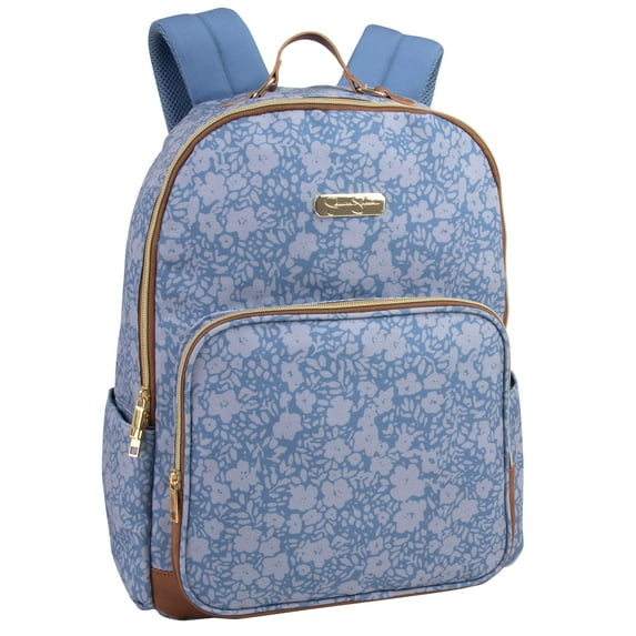 Jessica Simpson Women’s Vegan Leather Trim Laptop Backpack with Padded Mesh Shoulder Straps and Side Water Bottle Pockets for Commuting and Travel in Blue Floral