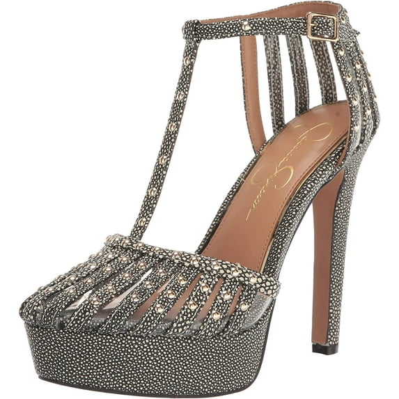 Jessica Simpson Bakir Black/White Ankle Strap Stiletto Heel Rhinestone Pumps (Black/White, 11)