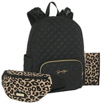 Jessica Simpson Black Diamond Quilted Multi-Pocket Dual Zipper Closure Fashion Diaper Bag Backpack with Leopard Print Interior, Matching 3-Ply Folding Baby Changing Pad &  Belted Sling Bag for Mom
