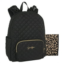 Jessica Simpson Black Diamond Quilted Multi-Pocket Dual Zipper Closure Fashion Diaper Bag Backpack with Leopard Print Interior, Matching 3-Ply Folding Baby Changing Pad