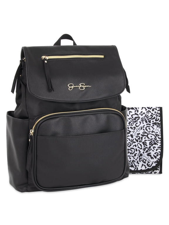Black Vegan Leather Multi-Pocket Magnetic Flap & Zipper Closure Fashion Diaper Bag Backpack with Snow Leopard Print Interior, Matching 3-Ply Folding Baby Changing Pad