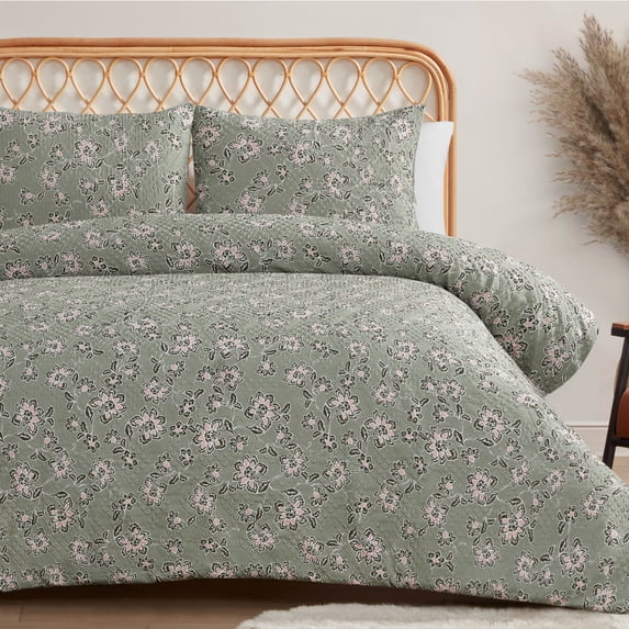 Jessica Simpson Botanical Embossed Sage Green Duvet Cover Set King Size - 3 Piece Set