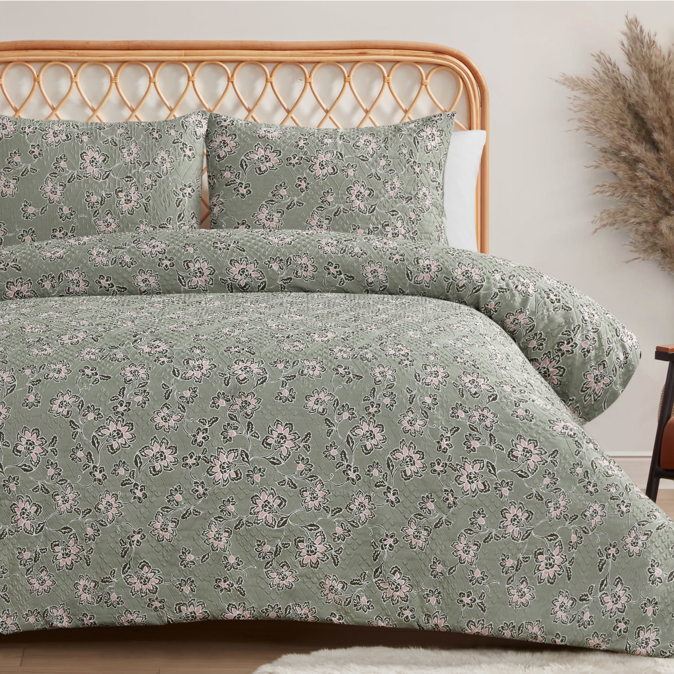 Jessica Simpson Botanical Embossed Sage Green Duvet Cover Set Queen/Full Size - 3 Piece Set