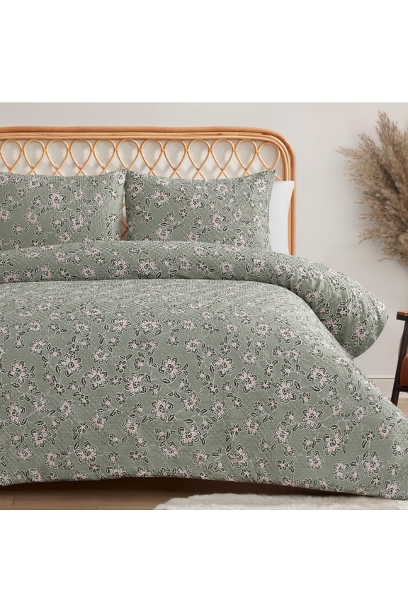Botanical Embossed Sage Green Duvet Cover Set Queen/Full Size - 3 Piece Set
