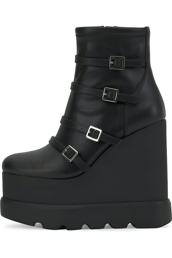 Chaela Black Multi Buckle Vamp Straps Wedge Heel Platform Boots (Black, 10)