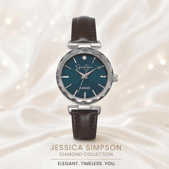 Jessica Simpson Diamond Collection Women Watch, Classic Quartz, Leather Band, Round Faceted Crystal Face, Elegant Dress Watch for Women