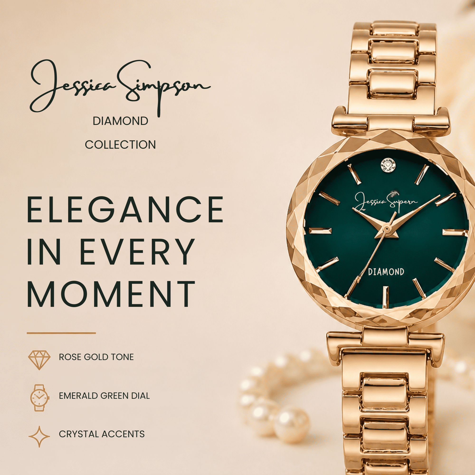 Jessica Simpson Diamond Collection Women Watch, Classic Quartz, Metal Band, Round Faceted Crystal Face, Elegant Dress Watch for Women