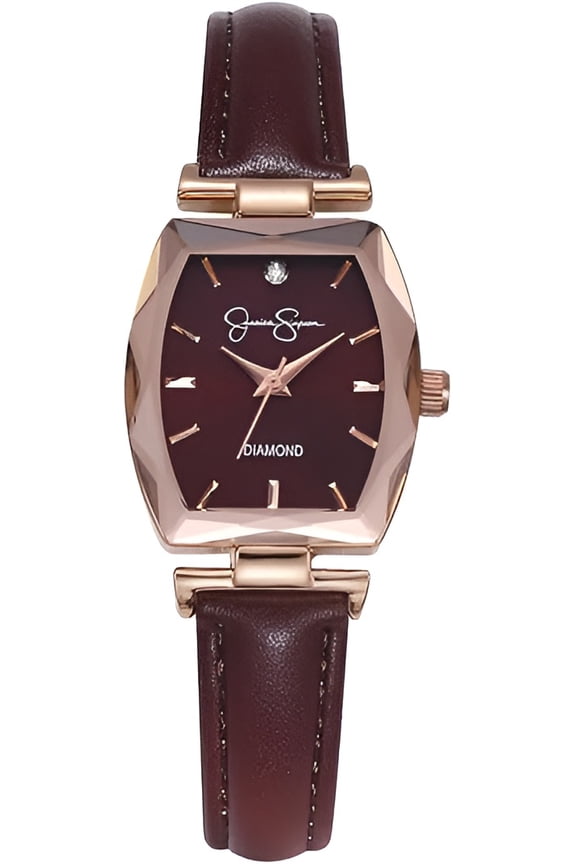 Diamond Collection Women's Dress Watch  Classic Quartz, Leather Band, Barrel Faceted Crystal Face, Elegant Timepiece