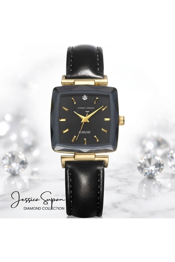 Jessica Simpson Diamond Collection Women's Square Dial Watch, Leather Strap, Classic Quartz Movement, Elegant Dress Watch