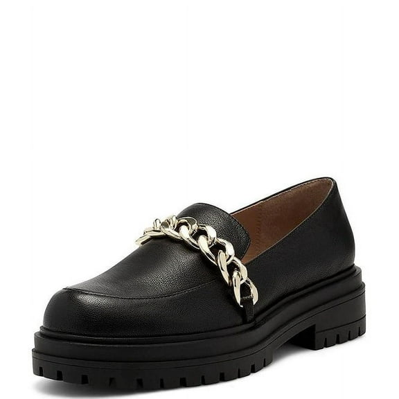 Jessica Simpson Disila Flat Chain Accent Slip On Leather Platform Loafers Black (BLACK, 6.5)