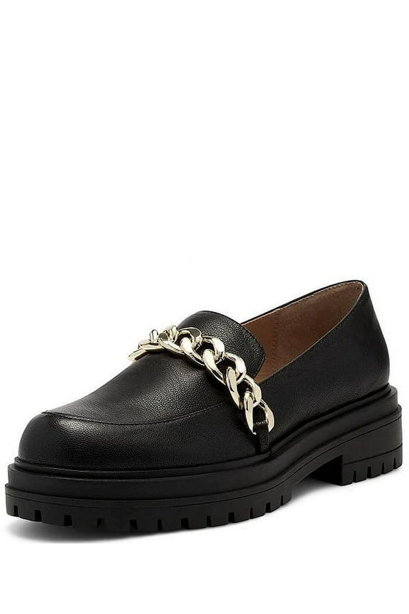 Disila Flat Chain Accent Slip On Leather Platform Loafers Black (BLACK, 7.5)