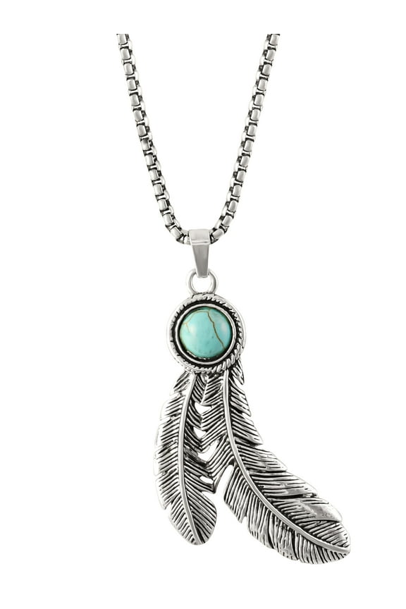 Faux Turquoise Stone Feather Necklace, Silver Tone, 28" +3"