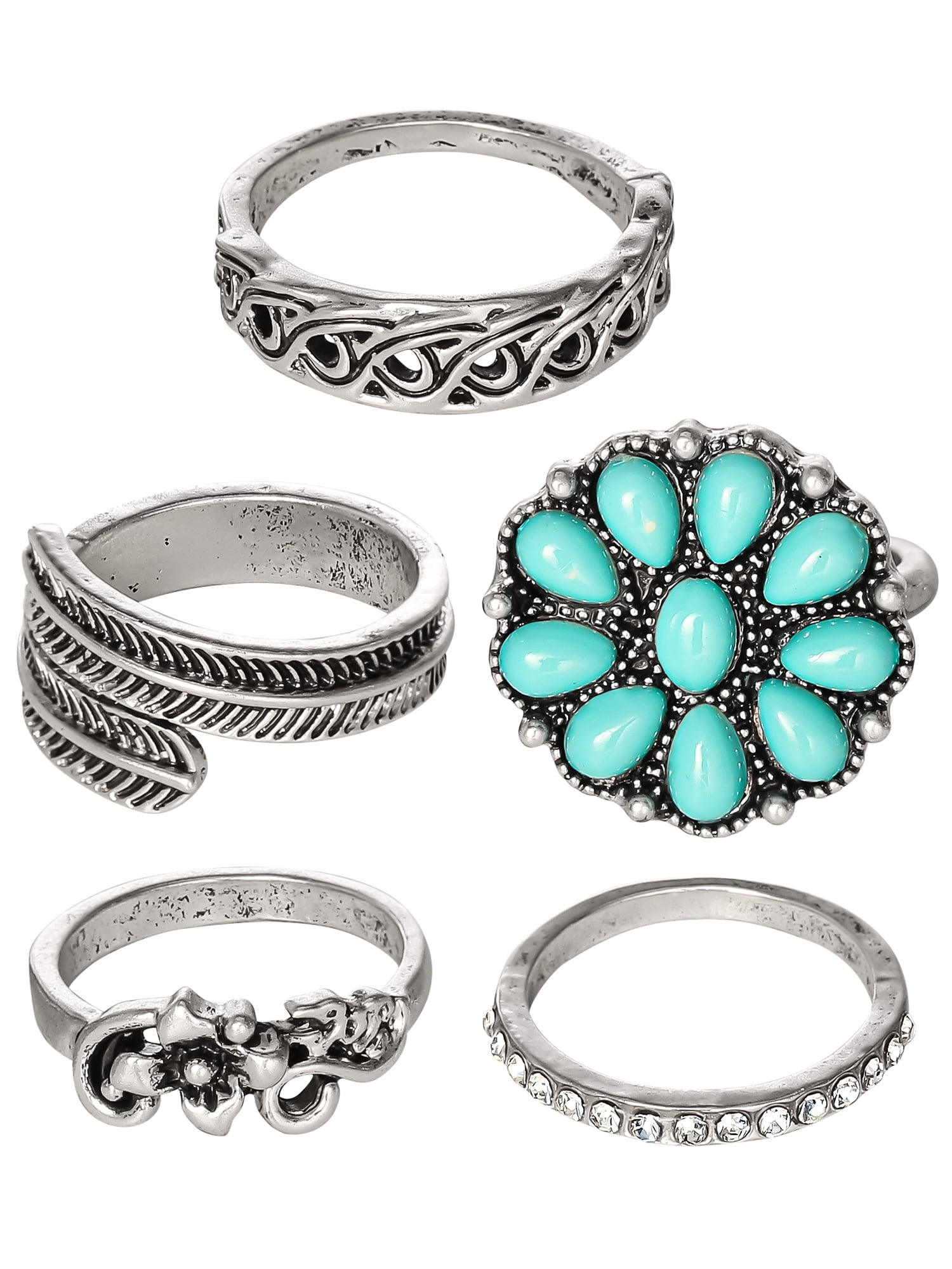 JESSICA SIMPSON Faux silver tone, Turquoise Stone Ring Set, Set of 5