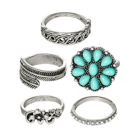 Jessica Simpson Faux silver tone, Turquoise Stone Ring Set, Set of 5