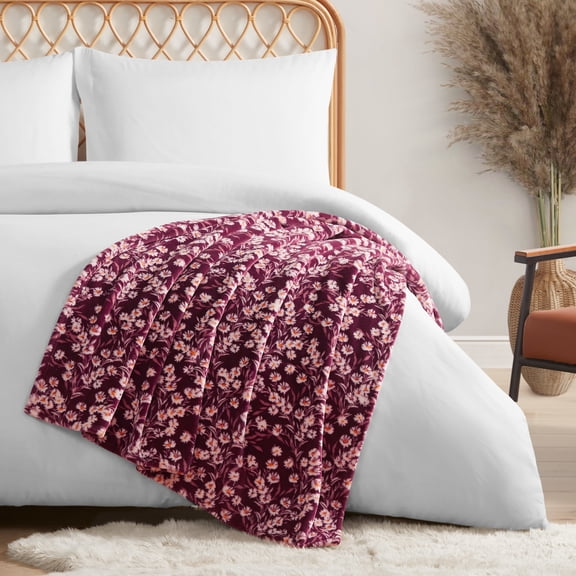 Jessica Simpson Floral Plush Throw Blanket, Wine Red, 50" x 70"