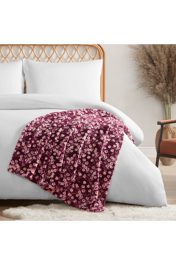 Floral Plush Throw Blanket, Wine Red, 50" x 70"