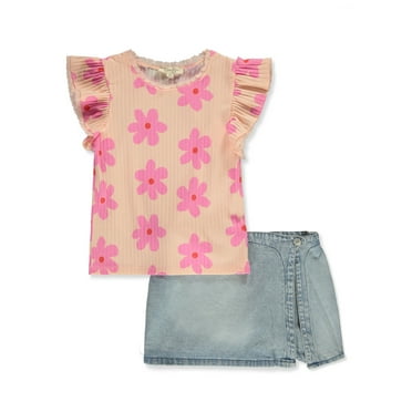 Jessica Simpson Girls' 2-Piece Flower Denim Skort Set Outfit - peach, 6 (Little Girls)