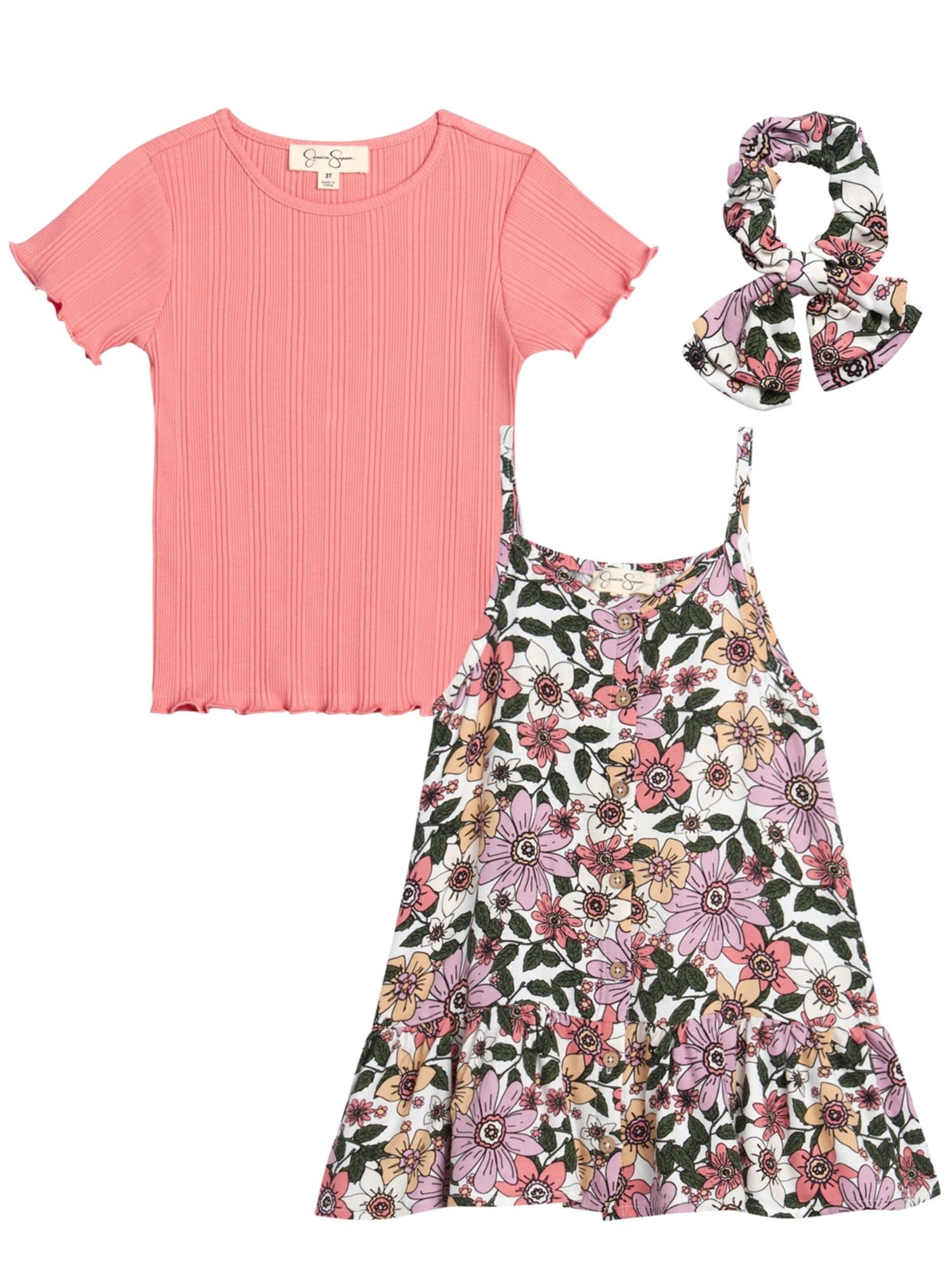 Jessica Simpson Girls' Tee, Dress and Hair Scrunchie Set, 3-Piece Sizes 4-6X